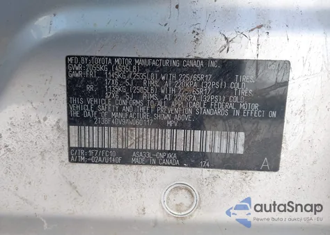 2010 Toyota Rav4 z USA, uszkodzony, nr VIN 2T3BF4DV9AW060117